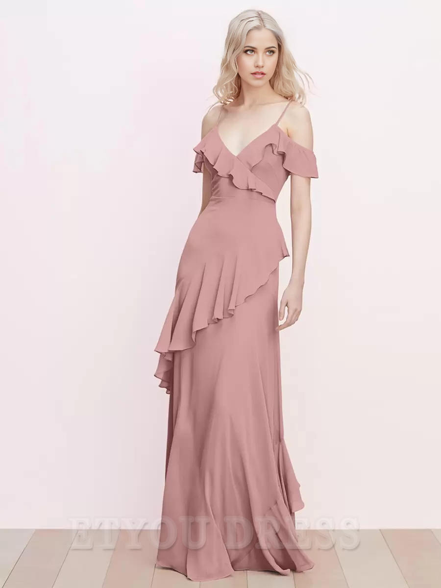 A-Line Ruffled Spaghetti Straps Backless Chiffon formal dresses evening gown Prom Dress